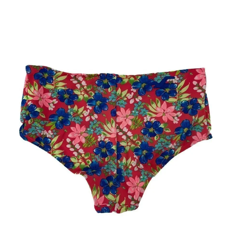 Hollister Bikini Bottom High Waist Size M / L Tropical Floral Red Blue Swimwear